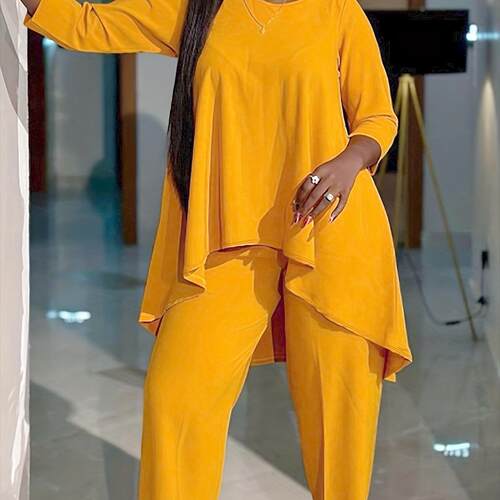 Round Neck Set 2 Counts Casual Cozy Sleeve Tee Pants Daily