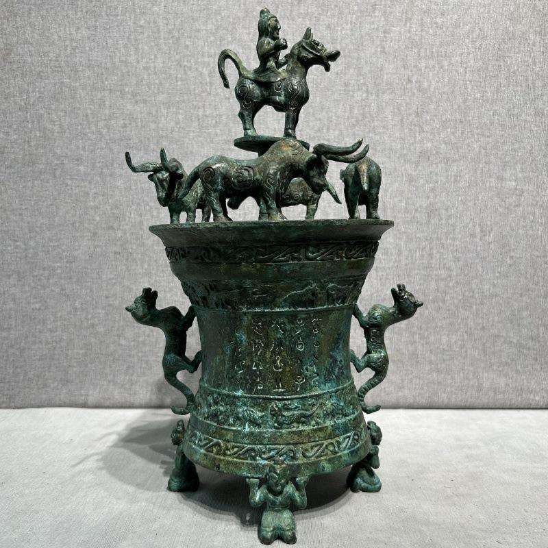 仿古青铜器五牛一鼓贮贝器做旧储备器收藏品摆件博古架博物馆送礼