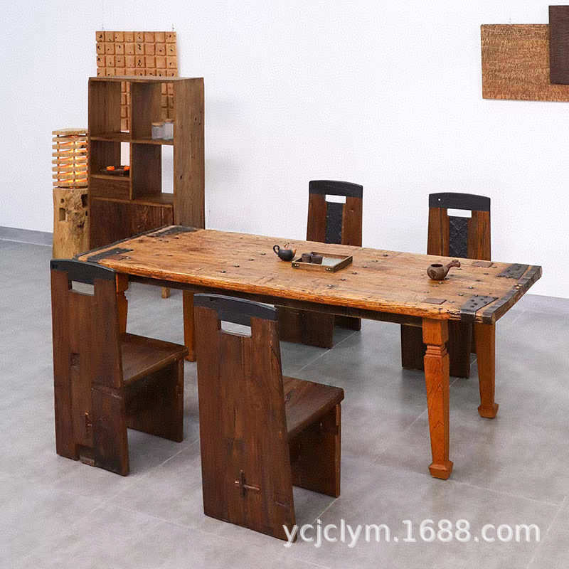 老榆木茶桌风化木茶桌椅组合侘寂风门板茶台定 制设计师民宿桌