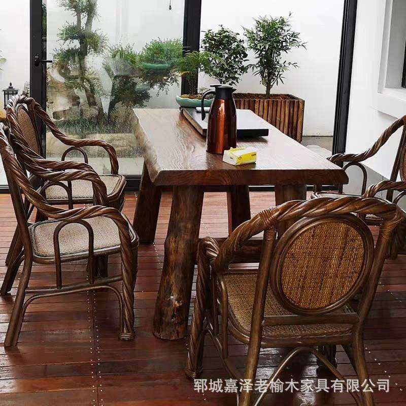 老榆木门板茶桌原木茶台复古怀旧餐桌民宿饭店茶桌阳台客厅书桌