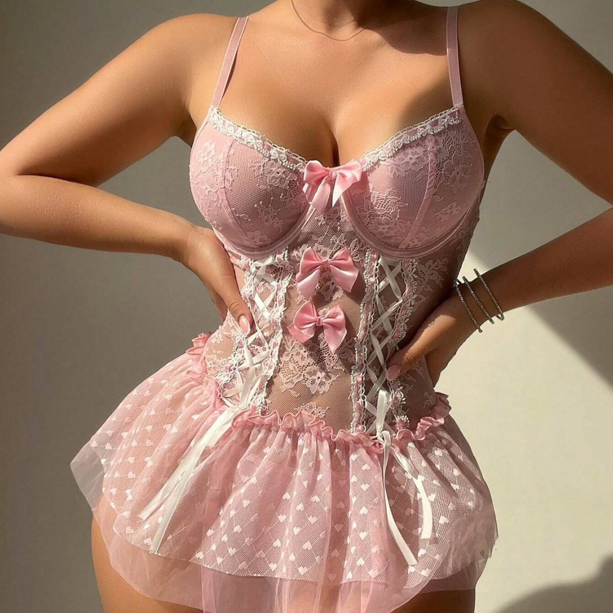 4 Babydoll Lingerie Set Sexy Bow Lace Mesh Underwire Corset