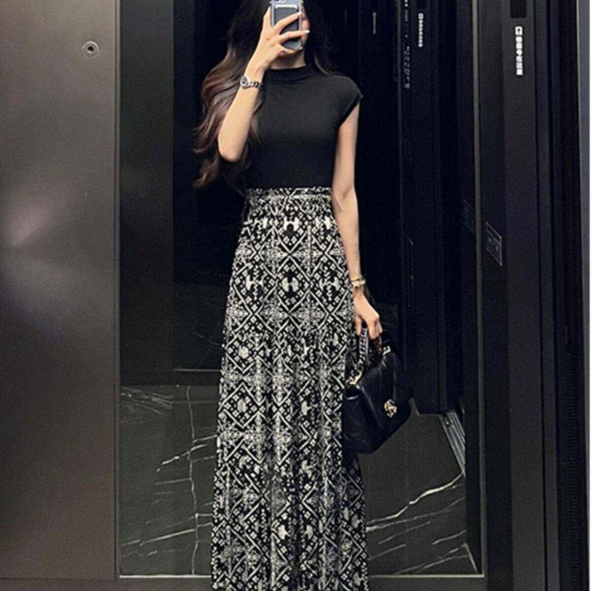 欧洲站2026夏季新款高级感冰丝上衣碎花雪纺半身长裙两件套装女夏