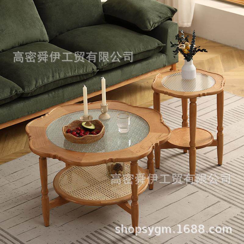 复古樱桃实木茶几简约客厅家具中古风小户型圆几海棠玻璃花边茶几
