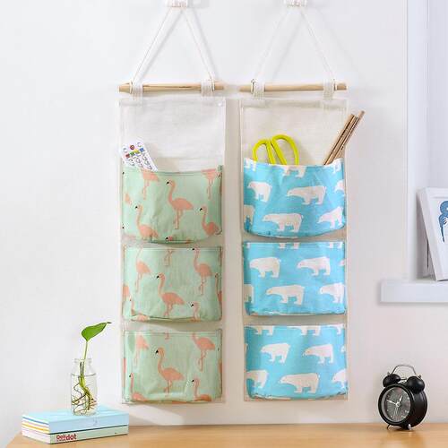 Creative 3-Compartment Cotton and Linen Storage Hanging Bag,