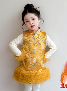 女童冬季中国风加棉加厚旗袍背心裙拜年服连衣裙新中式裙子冬装潮