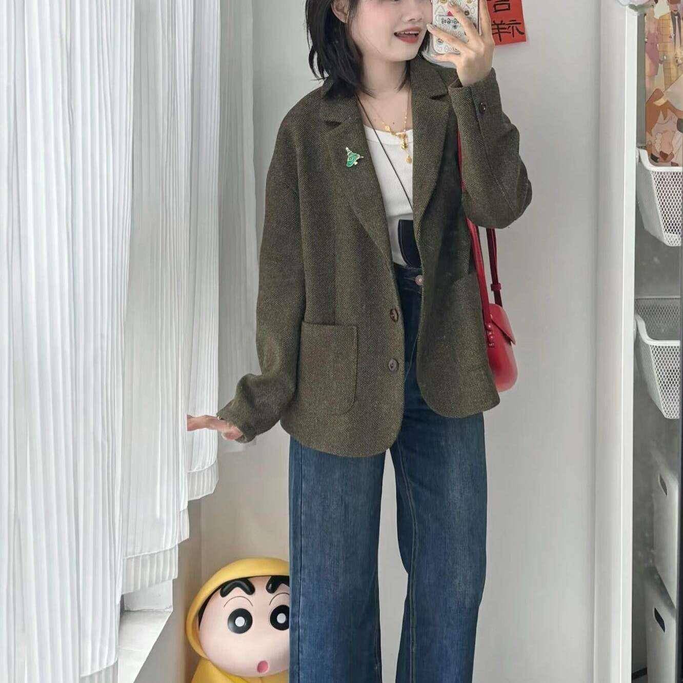 复古英伦风休闲羊毛呢小西装外套秋冬高级感气质宽松慵懒西服上衣