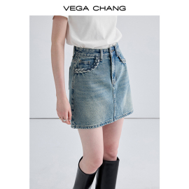 VEGA CHANG牛仔半身裙女2024年春复古水洗小个子高腰a字短裙