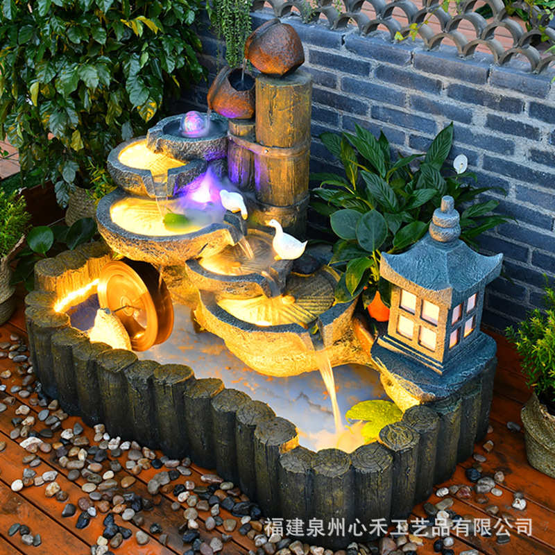 创意仿古假山喷泉流水摆件鱼池石磨水车客厅阳台大堂庭院装饰品