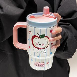 冰霸杯陶瓷内胆保温杯2025新款大容量女高颜值带把手吸管水杯礼物