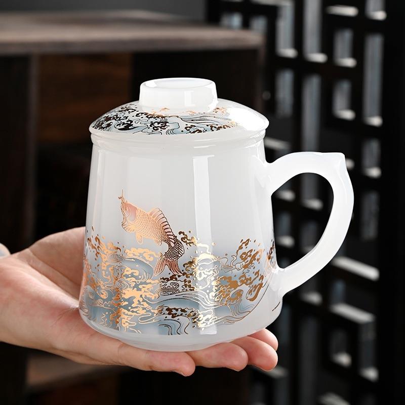 瓷语颠琉璃家用办公杯中式个人办公室带盖茶杯泡茶杯茶水分离杯