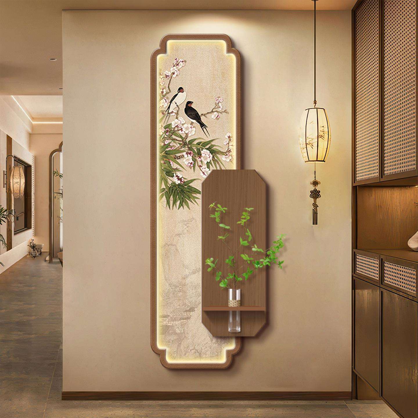 宋代美学花鸟绿植装饰画走廊过道水培发光画玄关背景墙高档壁灯画