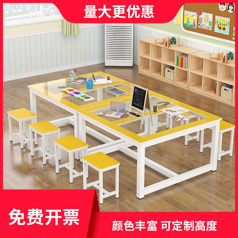 彩色绘画美术桌小学生幼儿园课桌椅玻璃桌子补习班学生培训班桌椅