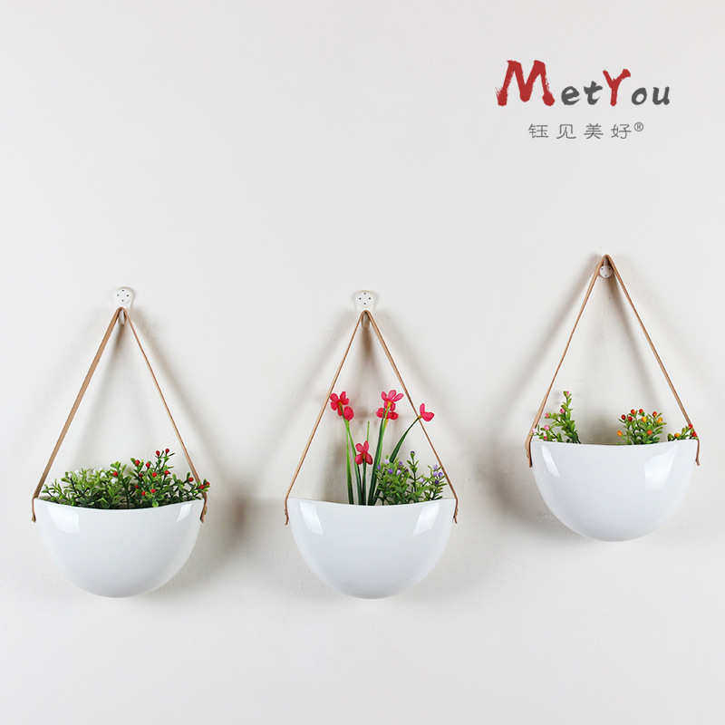 创意绿植物盆栽悬挂式白色亮光花盆陶瓷麻绳皮绳吊盆壁挂墙面装饰