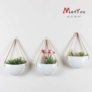创意绿植物盆栽悬挂式白色亮光花盆陶瓷麻绳皮绳吊盆壁挂墙面装饰