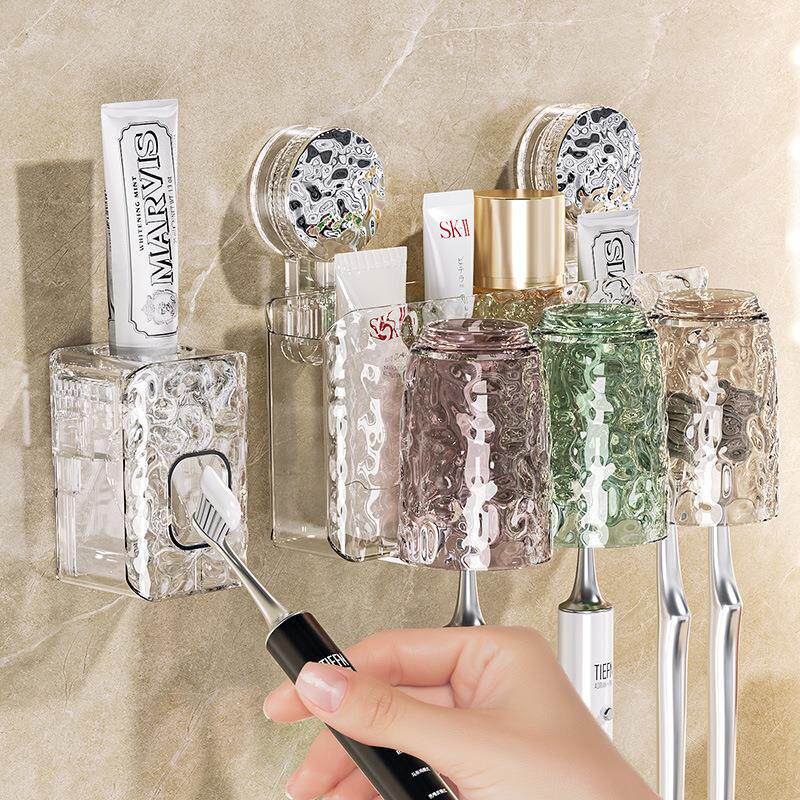 吸盘牙刷置物架免打孔家庭卫生间牙具牙杯架壁挂漱口杯电动牙刷架