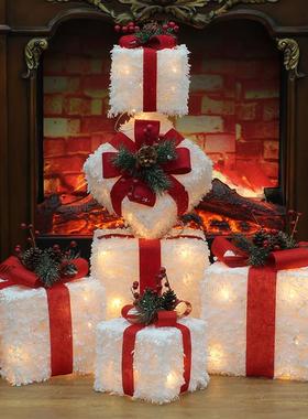 白色植绒led发光圣诞节装饰圣诞礼包礼盒礼物盒场景布置装饰摆件