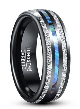 跨境爆款热卖不锈钢个性时尚澳宝爆款戒指8mm黑色三槽蚕丝间贝壳