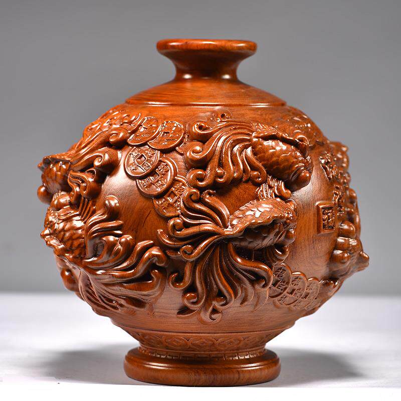 花梨木雕金玉满堂花瓶摆件年年有鱼客厅插花装饰家居实木质工艺品
