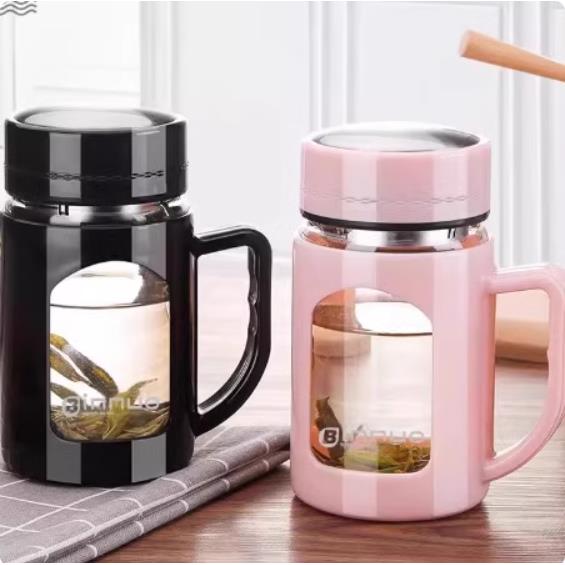 女性家庭办公水杯玻璃茶水分离茶杯防摔，有盖把手个人杯