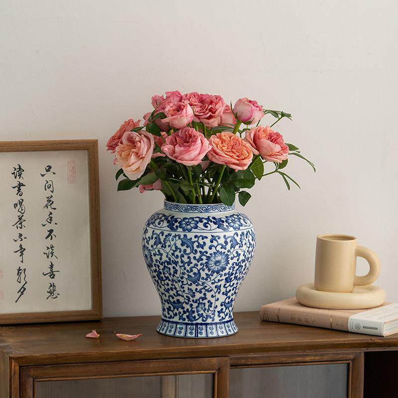 中式复古青花瓷装饰品陶瓷干花花瓶家居客厅桌面插花摆件鲜花花器