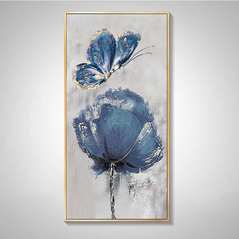 竖入户花卉画挂画油画现代走廊进门过道装饰画手绘玄关蝴蝶简约版图片