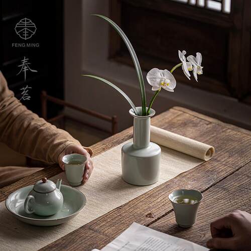 天青汝窑承露花器开片可养复古陶瓷花瓶水培花插客厅摆件茶道配件