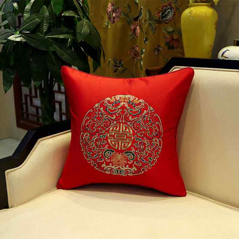 正品中芯式古典木木刺绣花真皮红实木沙发大红靠包含床头靠垫背套