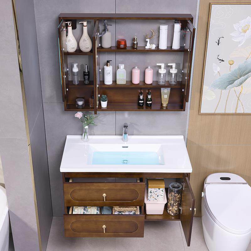 橡木简约现代智能浴室柜镜柜组合洗手台盆柜洗漱一体盆陶瓷中古风