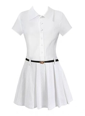 现货设计感学院风纯白日记白色拼接洋装Polo领女夏修身收腰短裙