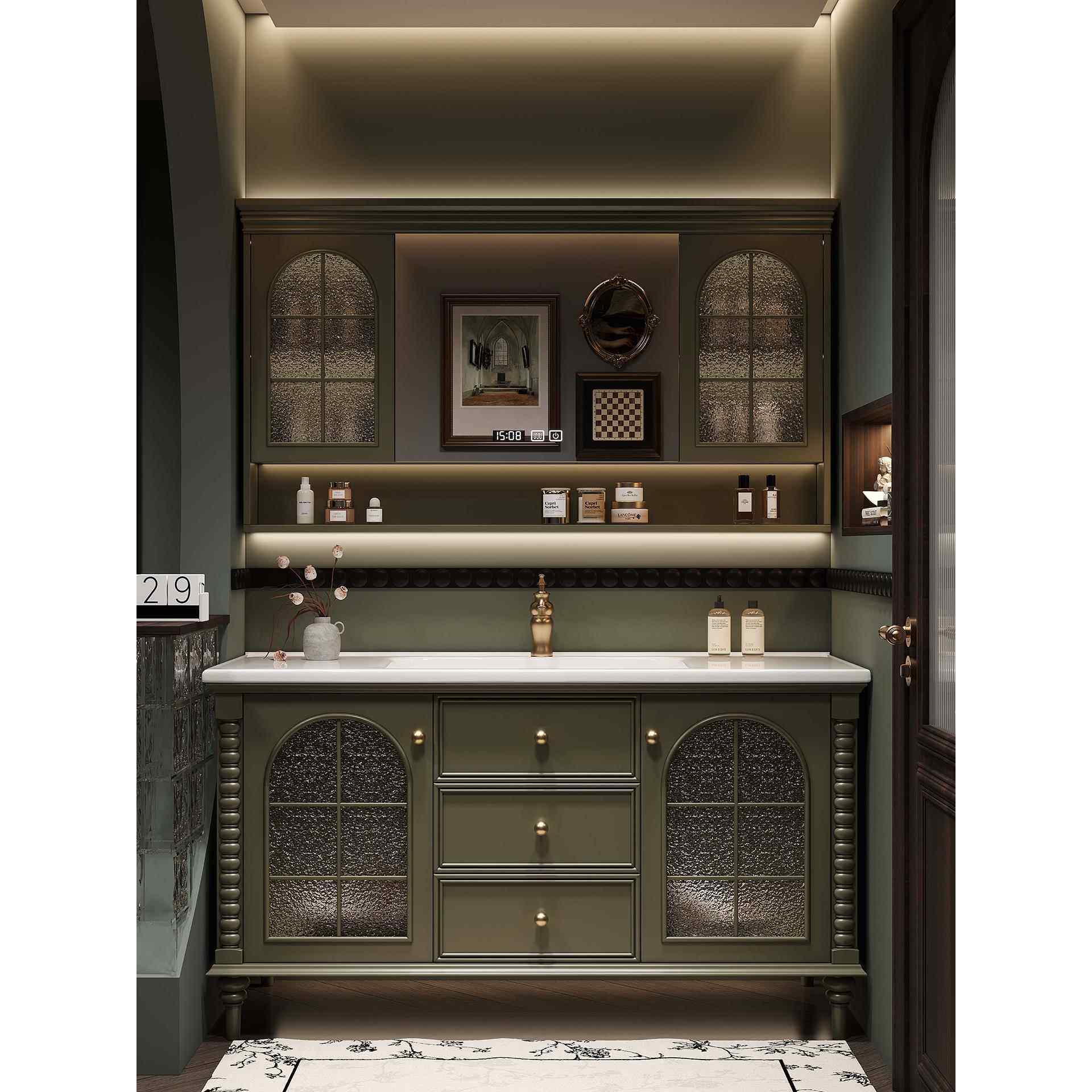 美式橡木落地浴室柜组合卫生间陶瓷一体盆洗漱台洗手池脸盆柜定制