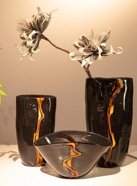 高级感黑色橘水纹复古插花器软装摆件花瓶样板房现代装饰品