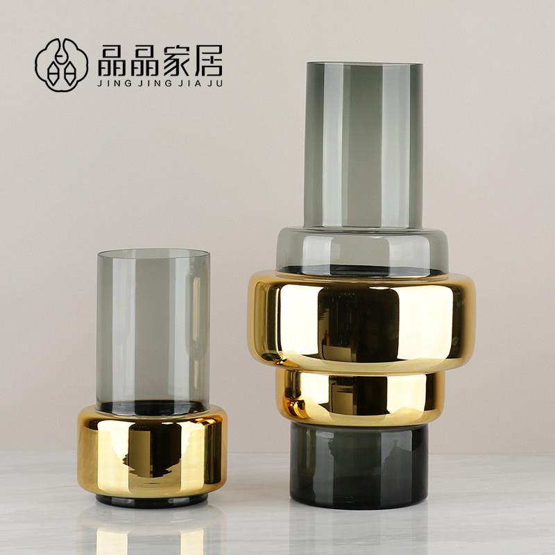北欧轻奢简约插吊钟烟灰色玻璃花瓶水培玄关客厅桌面落地装饰摆件