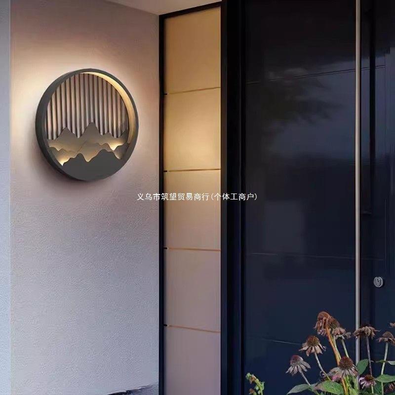 太阳能壁灯户外防水新中式玄关庭院别墅花园室外圆形影壁墙景观灯