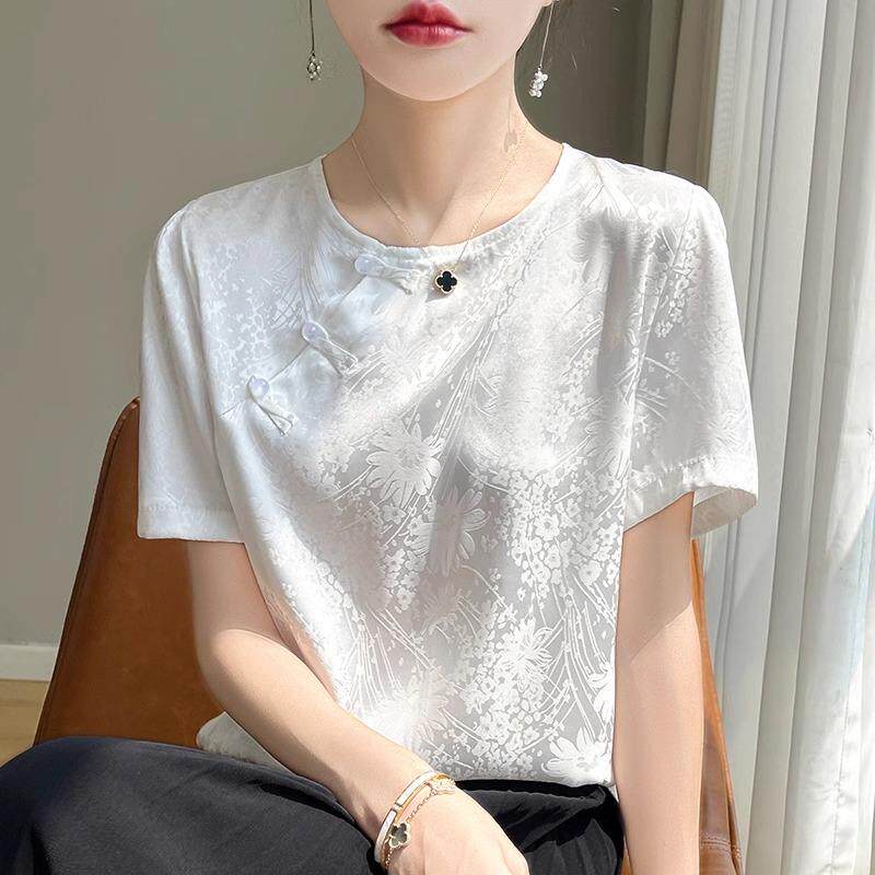 国风醋酸真丝短袖上衣t恤女2026夏款新中式简约衬衫缎面提花T恤衫