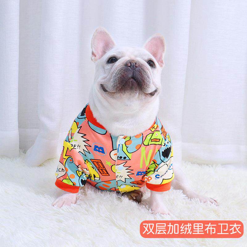 法斗秋冬款加绒卫衣卡通巴哥犬斗牛犬胖狗加厚冬季保暖开扣有弹力