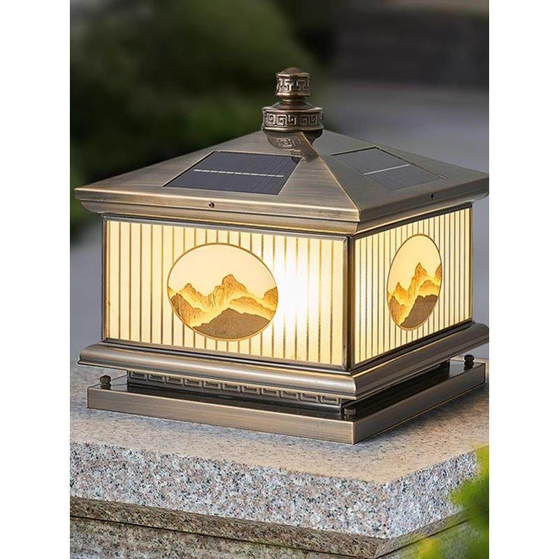 新中式全铜柱头灯太阳能户外庭院别墅大门灯门柱灯柱子灯围墙两用