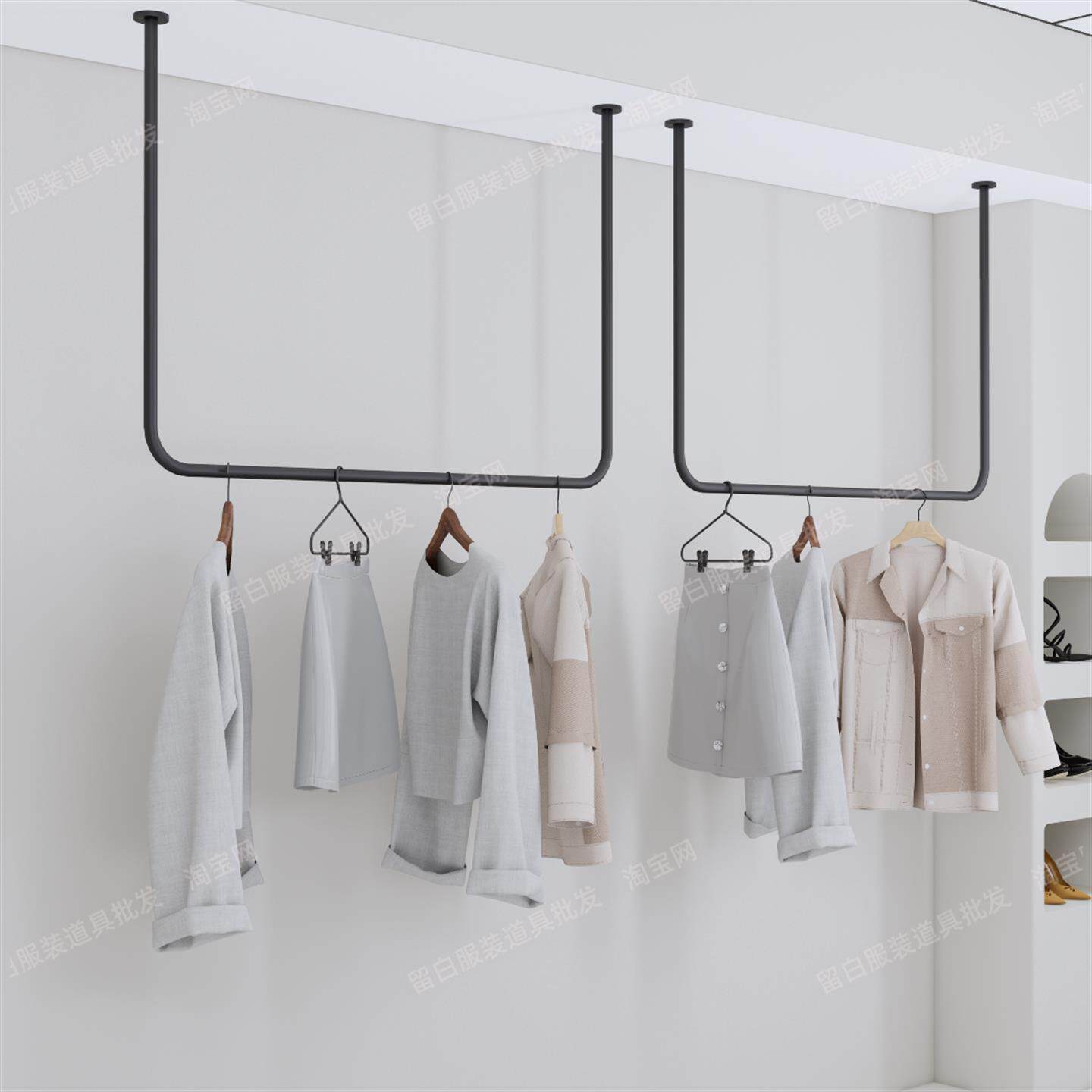 服装店悬挂吊杆不摇晃圆角哑光黑色双层男女装店橱窗吊架展示货架