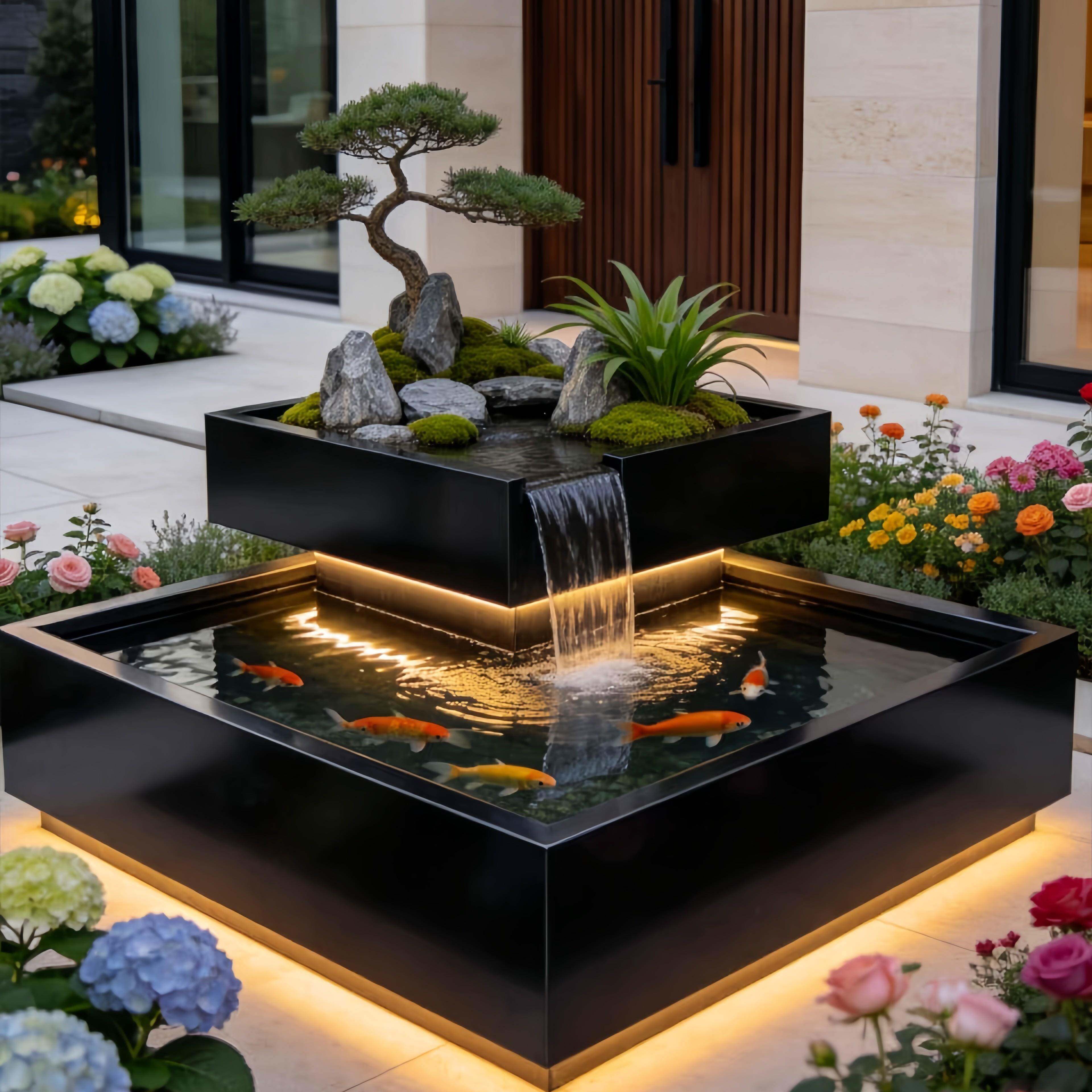 不锈钢鱼池水景花箱摆件流水瀑布景观装饰阳台庭院室内外造景定制