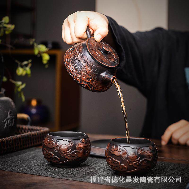 紫陶竹节壶壶承高档纯手工复古竹段壶家用简约茶具办公室泡茶