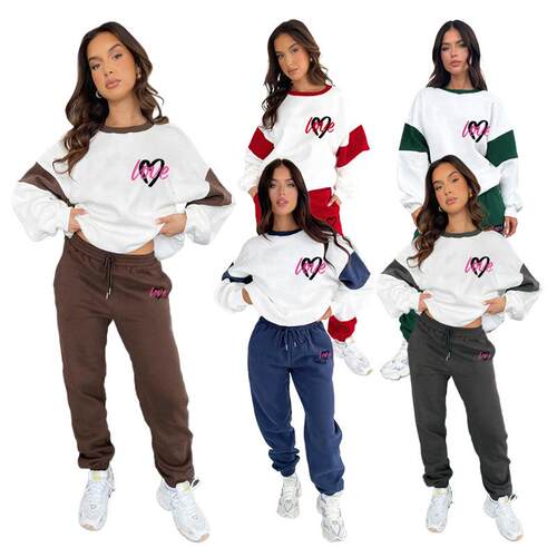 Peach heart printed color blocked hoodie, women's pants