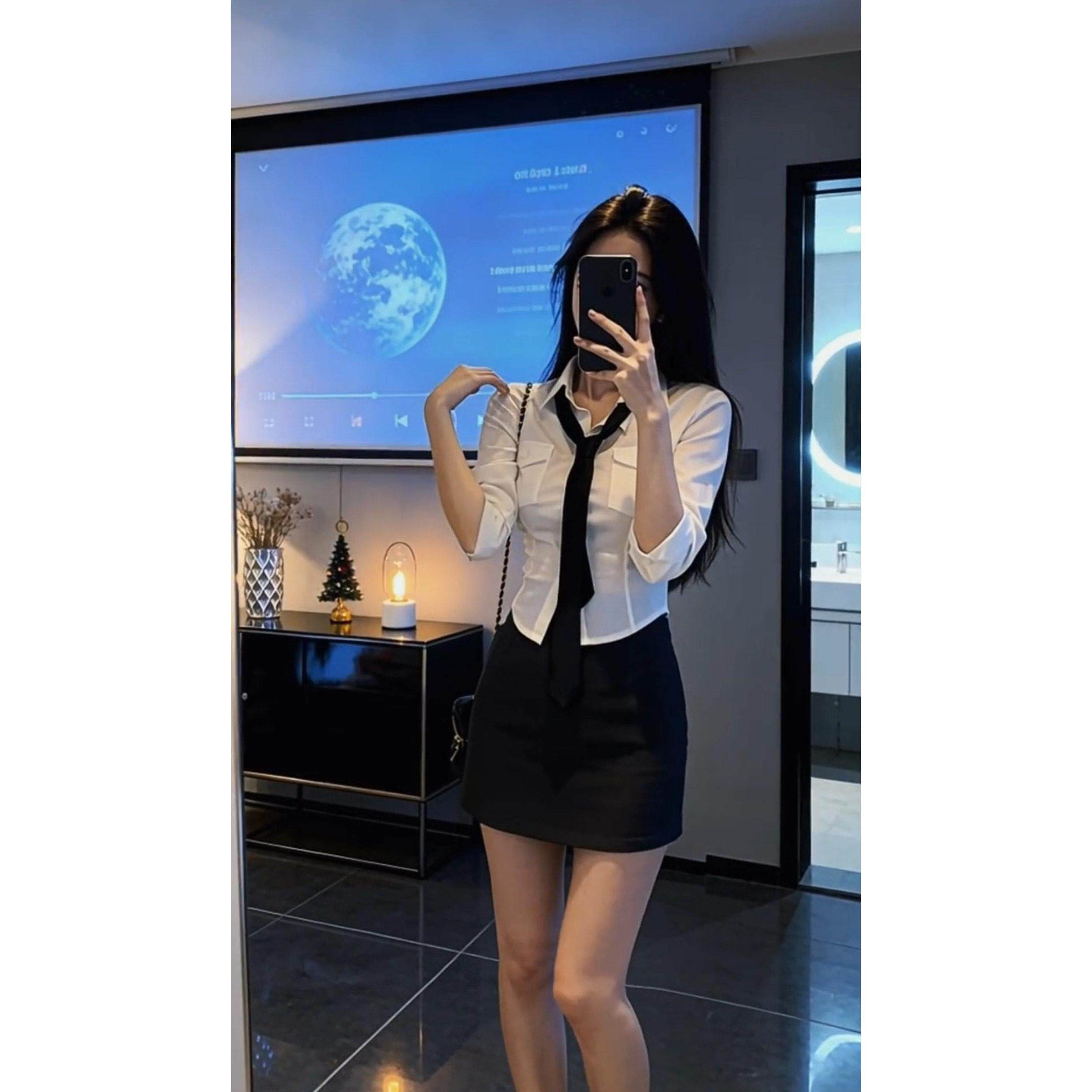 收腰白色衬衫女KTV制服包臀裙套装职业工作服修身性性感短款衬衣