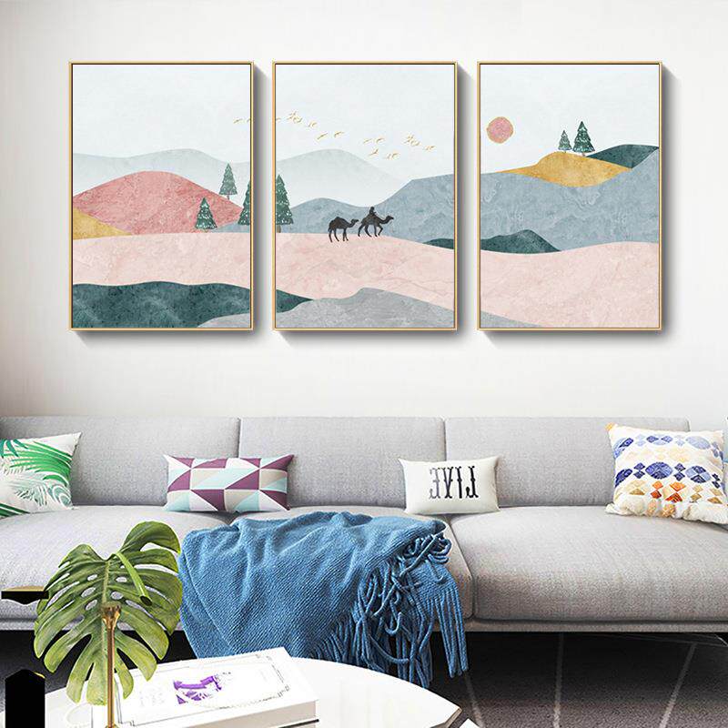 新款直销客厅三联装饰画北欧ins插画风景山水挂画内框画简约无框