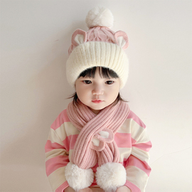 婴儿帽子冬季针织兔子毛线帽围巾套装男女宝宝秋冬天保暖加绒加厚