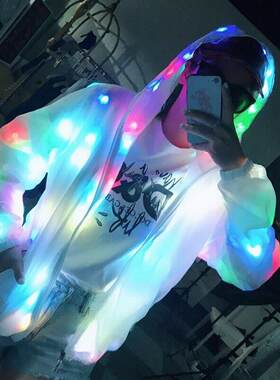 美国抖音秋冬Led夜光夹克酒吧音乐节酷装备彩色闪光电子兜帽风格