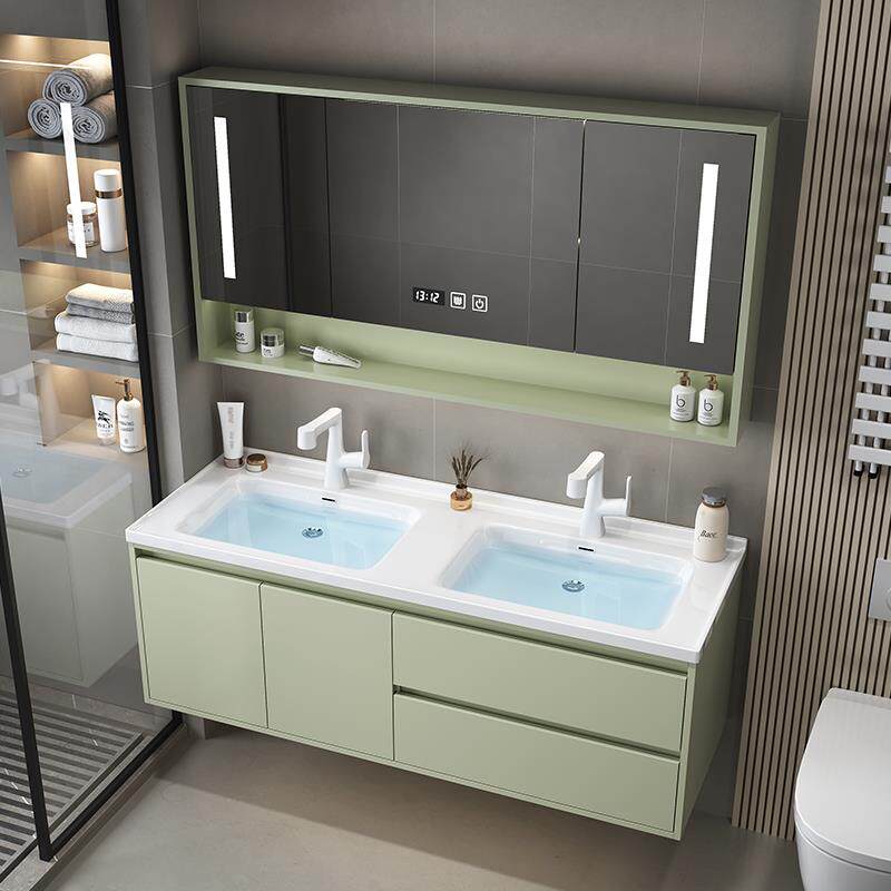 W7奶油风橡木烤漆双盆浴室柜组合现代简约洗手洗脸池一体陶瓷洗漱