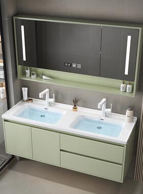 W7奶油风橡木烤漆双盆浴室柜组合现代简约洗手洗脸池一体陶瓷洗漱