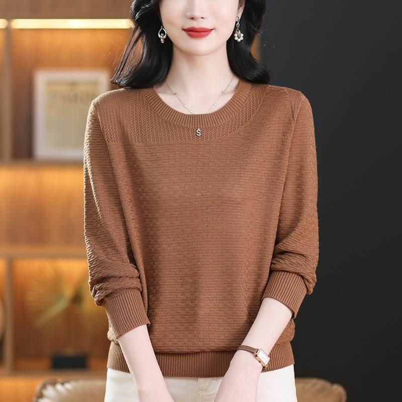 妈妈装春秋薄款纯色圆领针织衫女宽松大码长袖上衣蚕丝T恤打底衫