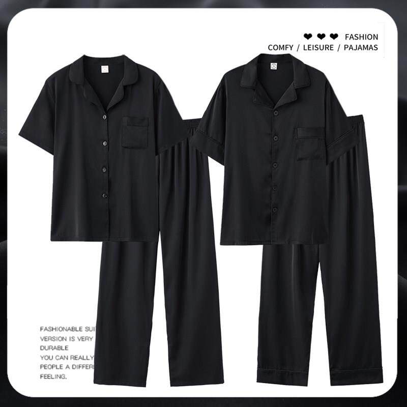 芝桃鸟2025新款夏季冰丝黑色男女款睡衣彷真丝绸短袖长裤情侣套装