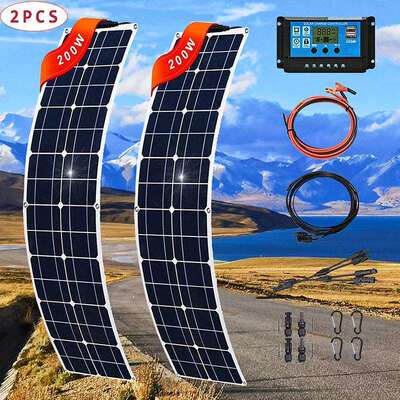 2pcs 200W 单晶太阳能电池板柔性 太阳能系统套件 光伏模块控制器