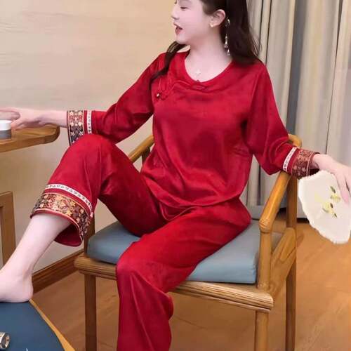 长袖睡衣女秋薄款款2026新款春红色冰长裤家居服套装可外穿0917e